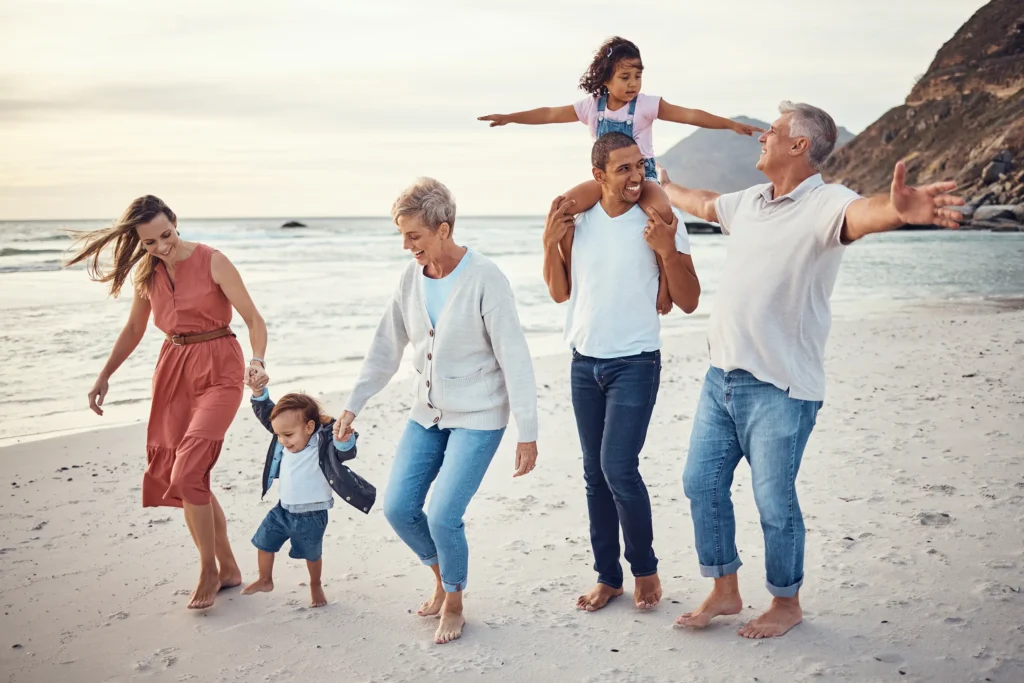 big family trip by ocean